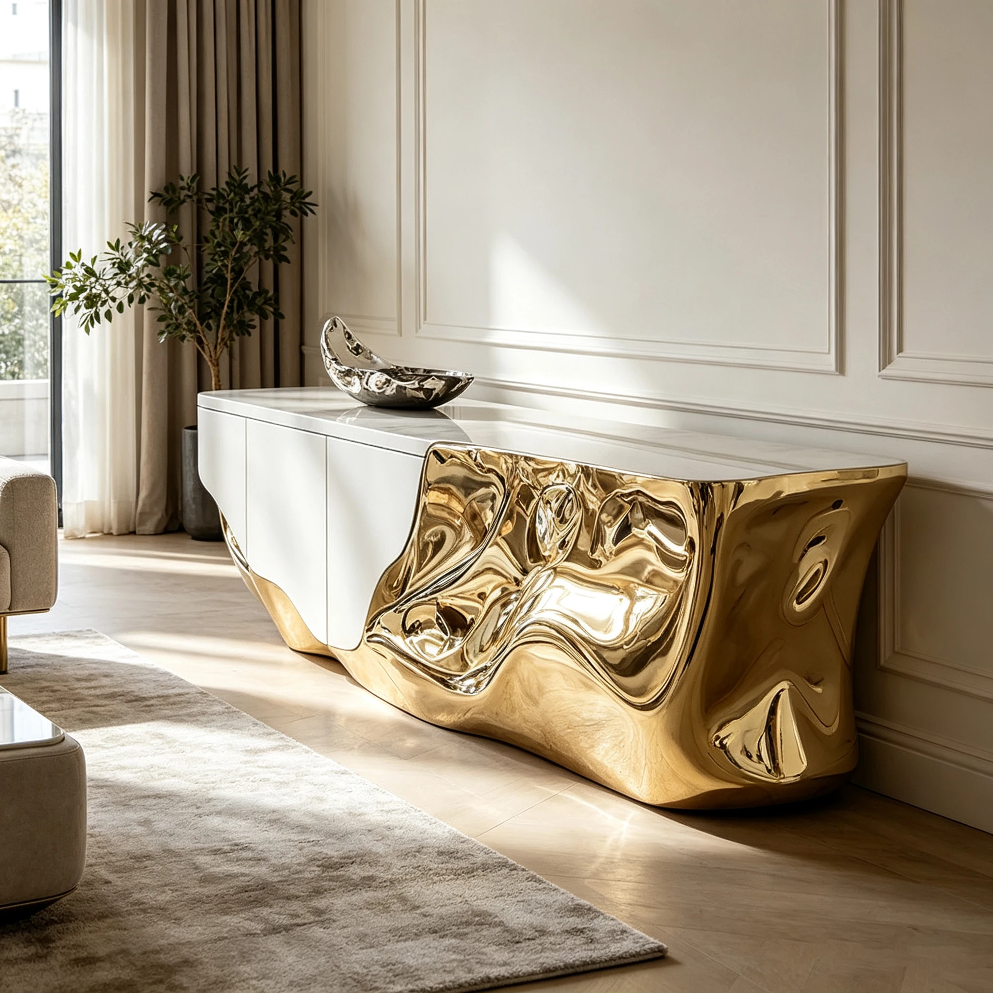 N*-Matte White Hidden Storage Fiberglass Storage Cabinet Polished Molten Gold Sculpted Sideboard f