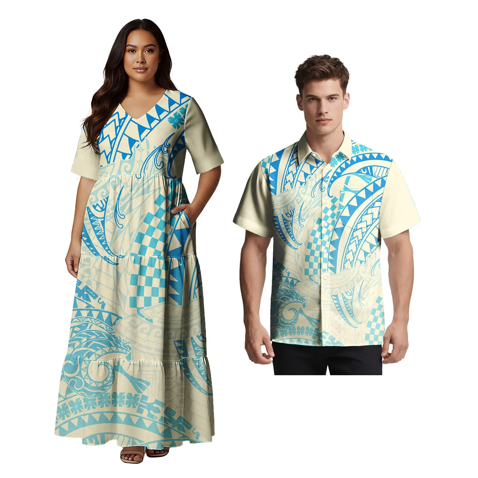 Samoan Ethnic Style Custom Clothes Polynesian Short Sleeve Women Dress Man Aloha T-Shirt Hawaiian Tribal Design Couple 2pc Set - Image 2
