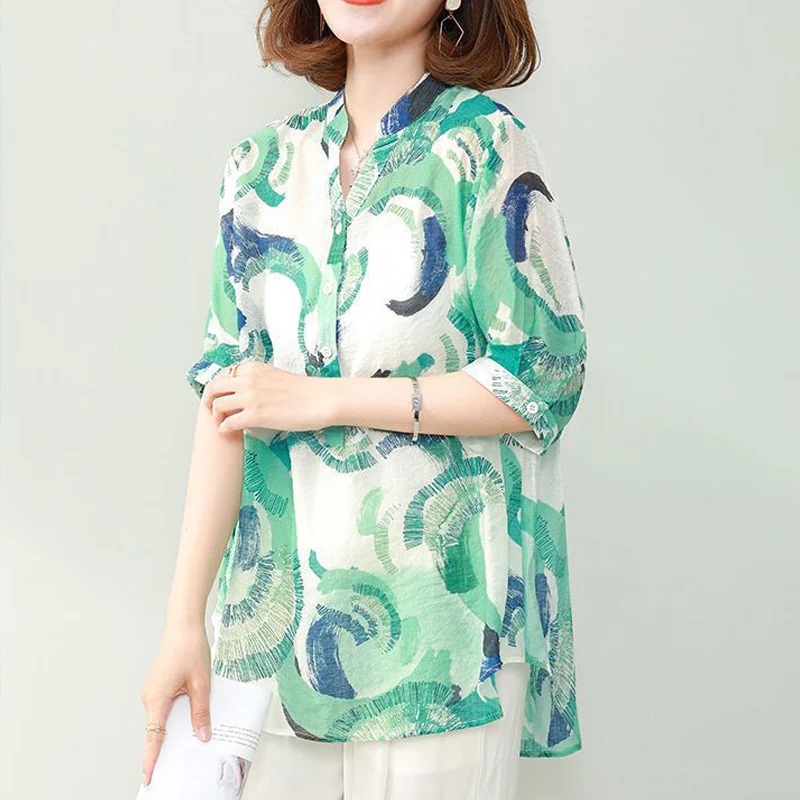 2023 Summer Simple Style Printed V Neck Short Sleeve Oversized Tunic Blouse Top Women Fashion Casual Street Shirts Blusas Mujer