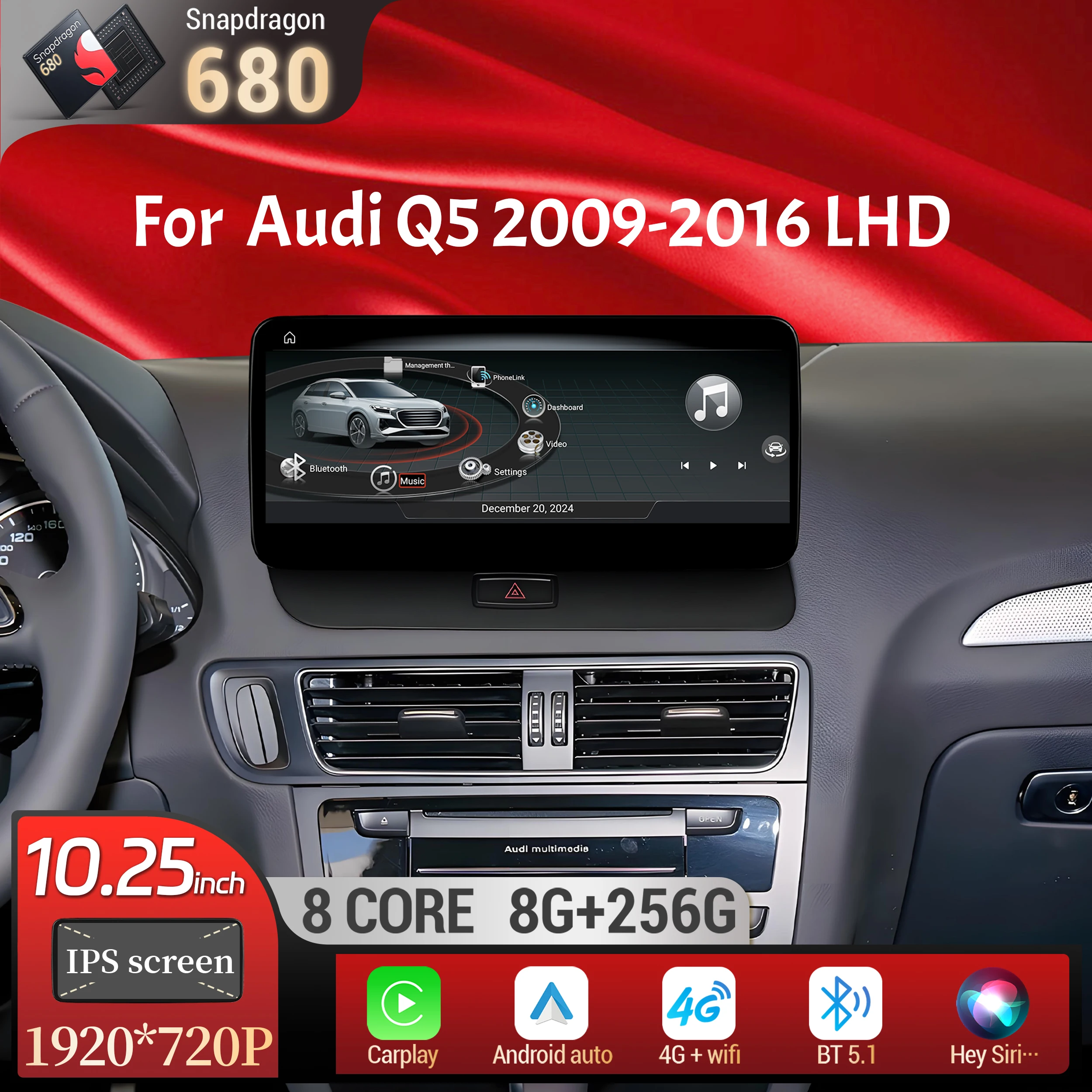 

10.25 inch Left Hand Drive Android 13 For Audi Q5 2009-2016 Car Radio Wireless Bluetooth Carplay Qualcomm Snapdragon 680 Screen