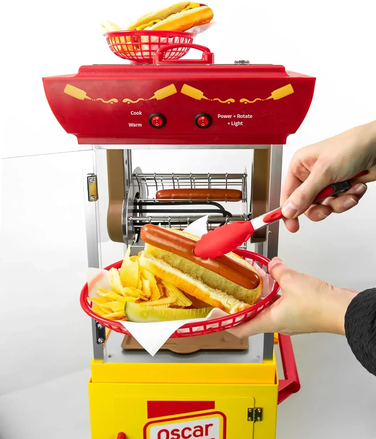 Hot Dog Ferris Wheel - 6 Piece Retro Style Cart Toaster W/ Bun & Toppings Warmer,Transparent Housing, and Storage Compartment