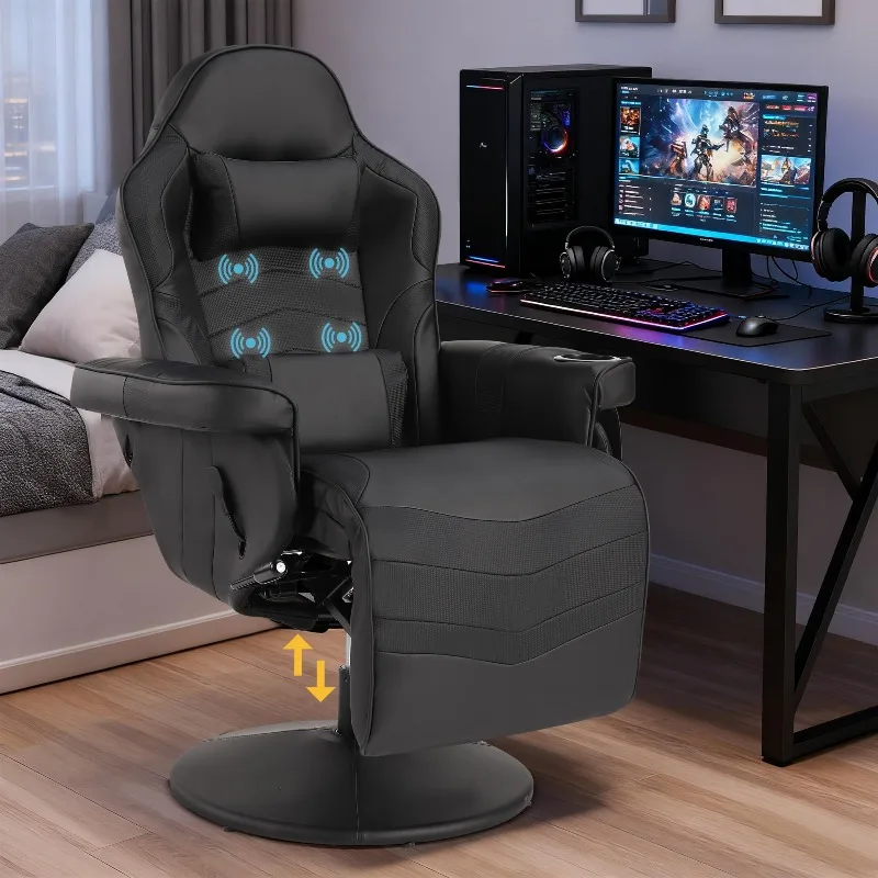 Game Reclining Chair with Adjustable Height, PU Gaming Chair with Massage, Long Footrest and Lumbar Support, High Back