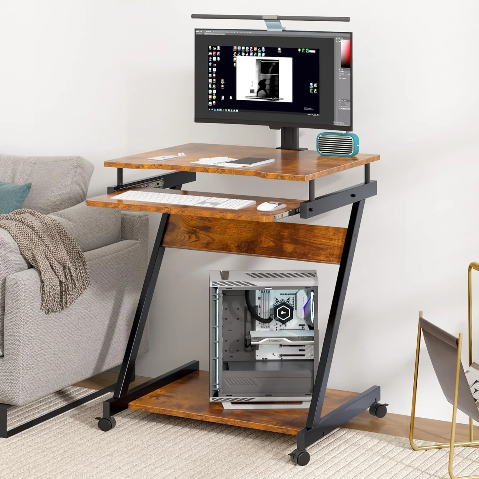 

Rolling Computer Desk Mobile Desk Laptop Stand Desk with Sliding Keyboard or Home Oice,23.6 Inches Rustic Brown DX-8110G-ND