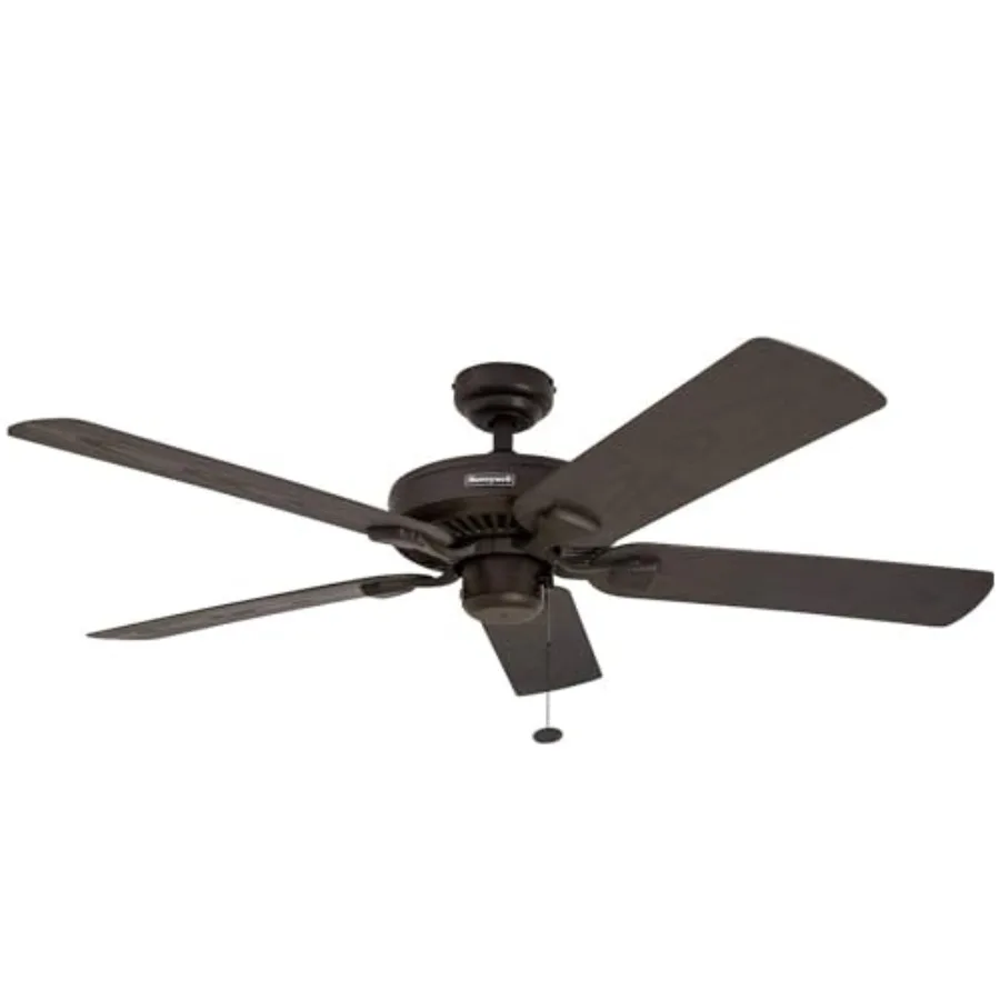 

Outdoor ceiling fan with pull chain for patios and porches, bronze-finished metal blades, tri-mount 5-blade traditional design,