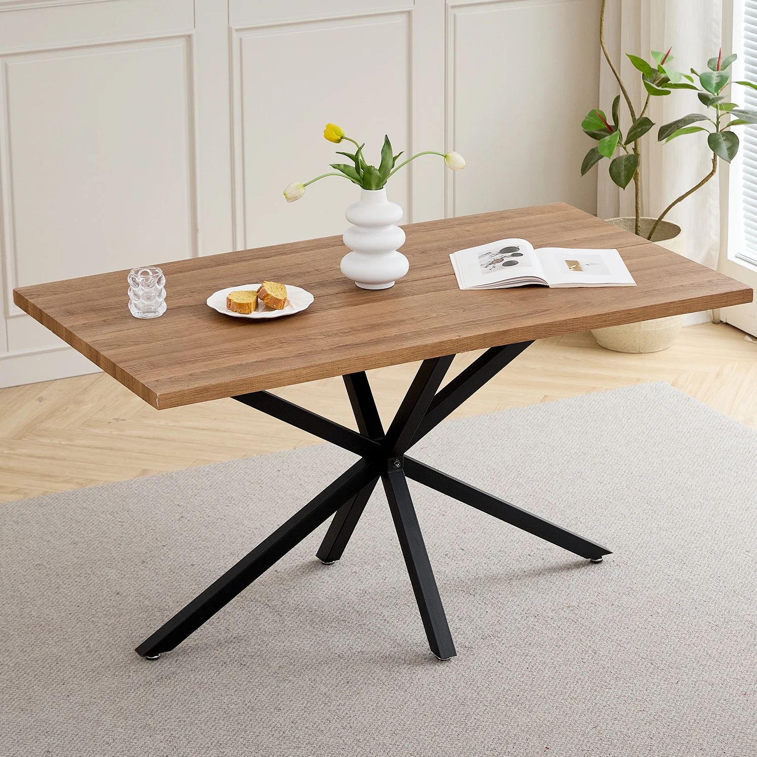 Table à manger rectangulaire minimaliste moderne avec base en métal, pour 4 à 6 personnes, adaptée à la cuisine/salle à manger, 140x80cm