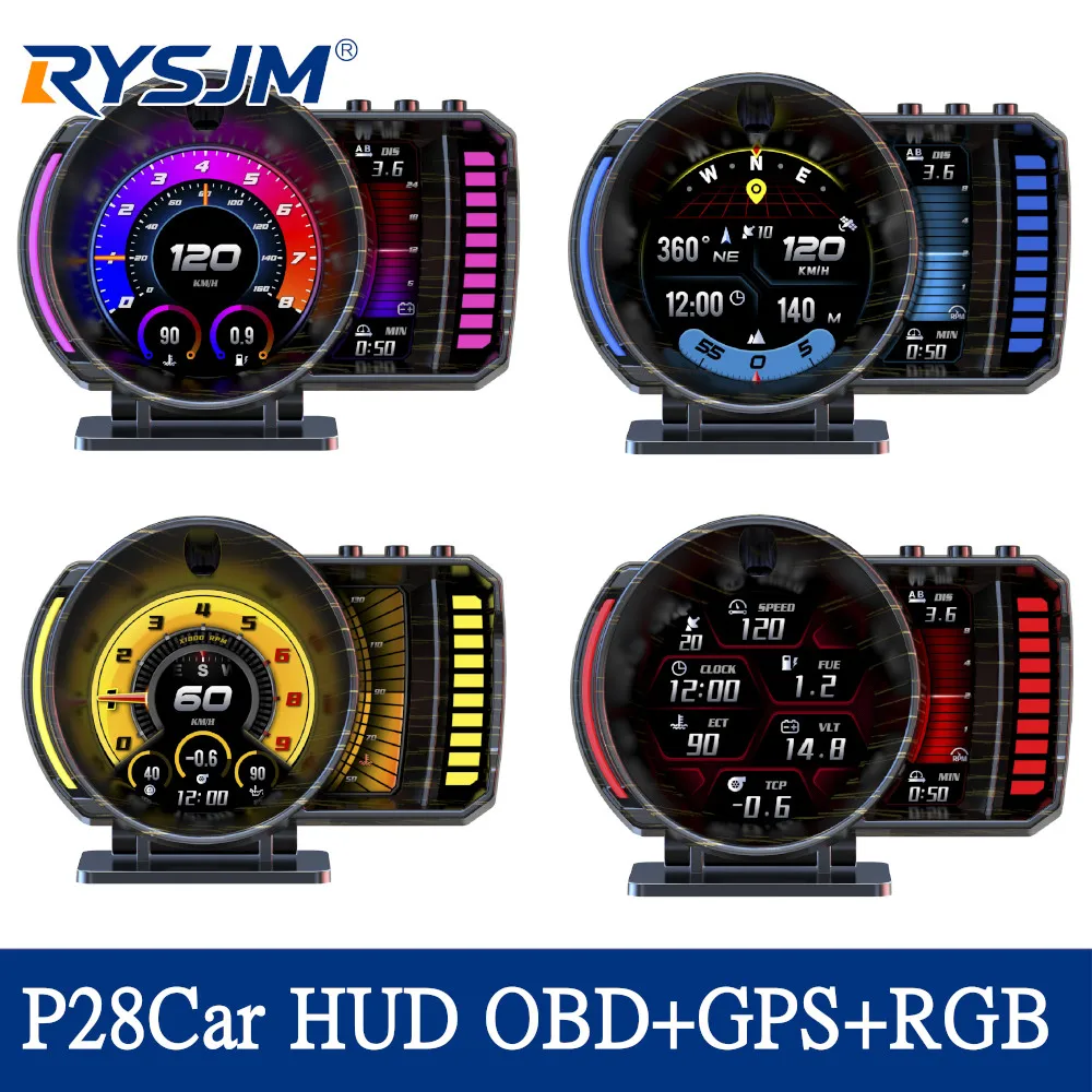 Novo Display HUD Inteligente P28 para Carro, Sistema Duplo OBD2 GPS, Reconhecimento de Gestos, Velocímetro, Display LCD, Tensão, Temperatura, Excesso de Velocidade