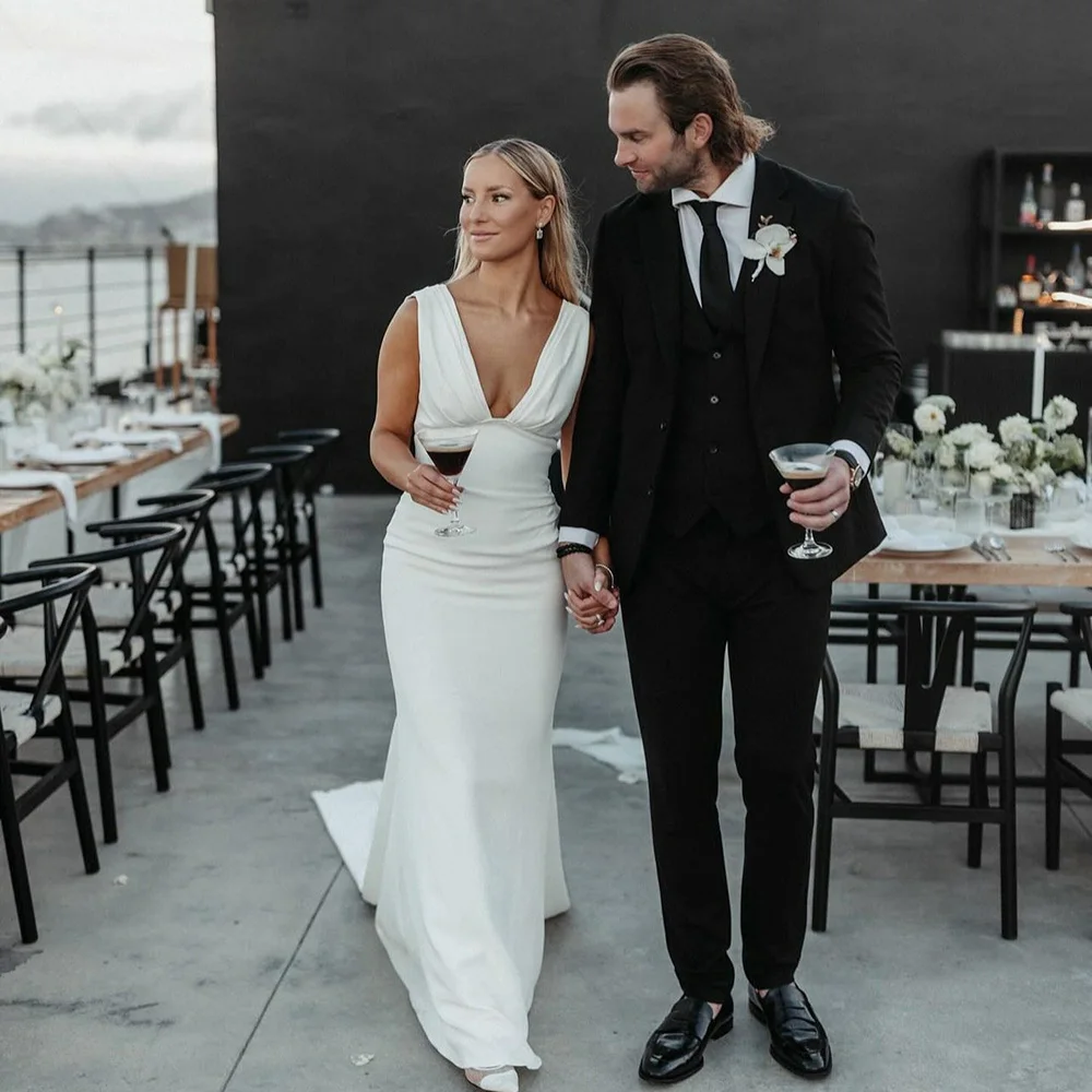 

Simple Brides Wedding Dresses Women 2025 Deep V Neck Sleeveless Open Back Mermaid Long Train Civil Sexy Bidal Gown Customized