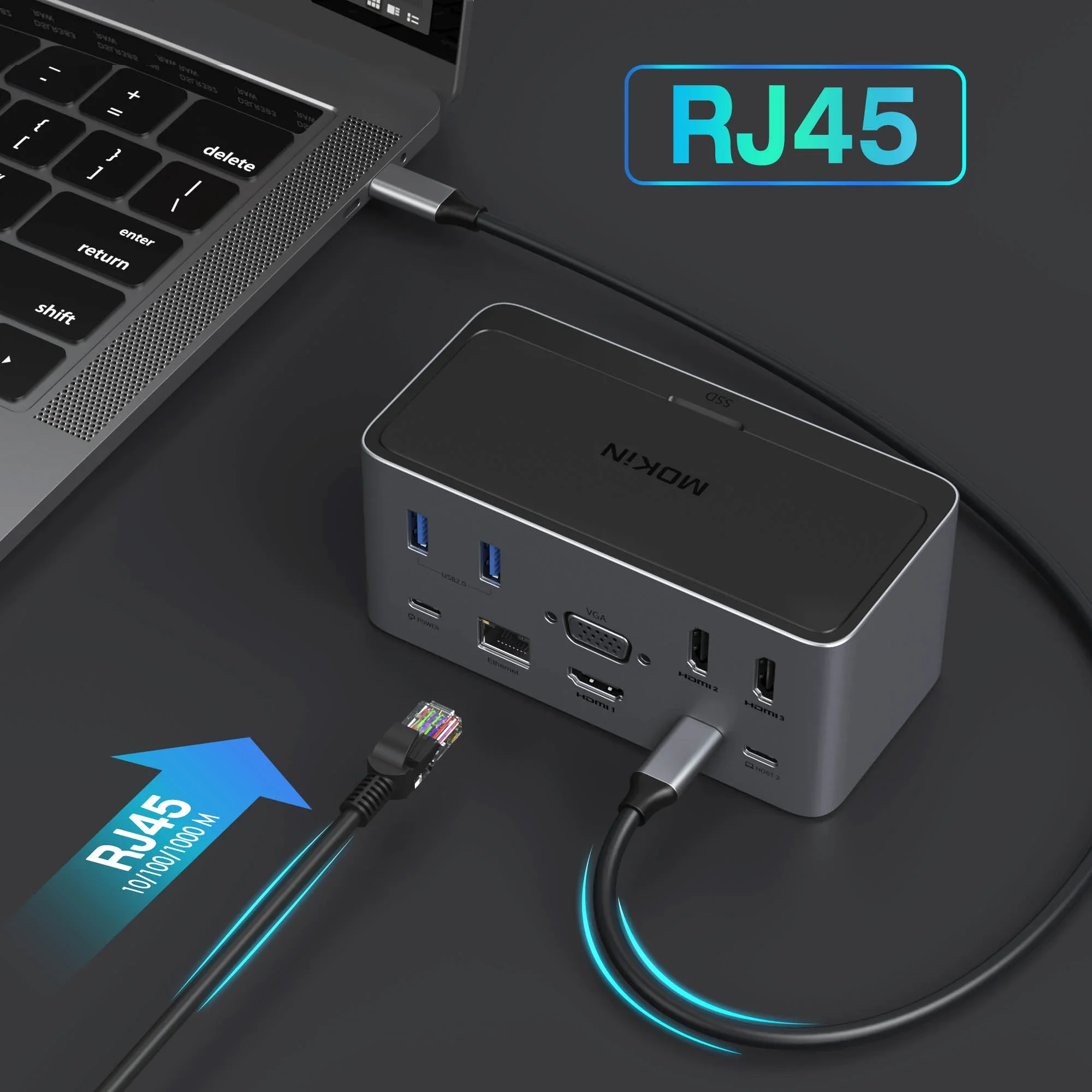 Imagem -04 - Estação de Ancoragem Mokn-usb c com Adaptador Hdmi Duplo 18 em Gabinete Ssd M.2 Ethernet 100w pd Vga sd tf Macbook Pro ar