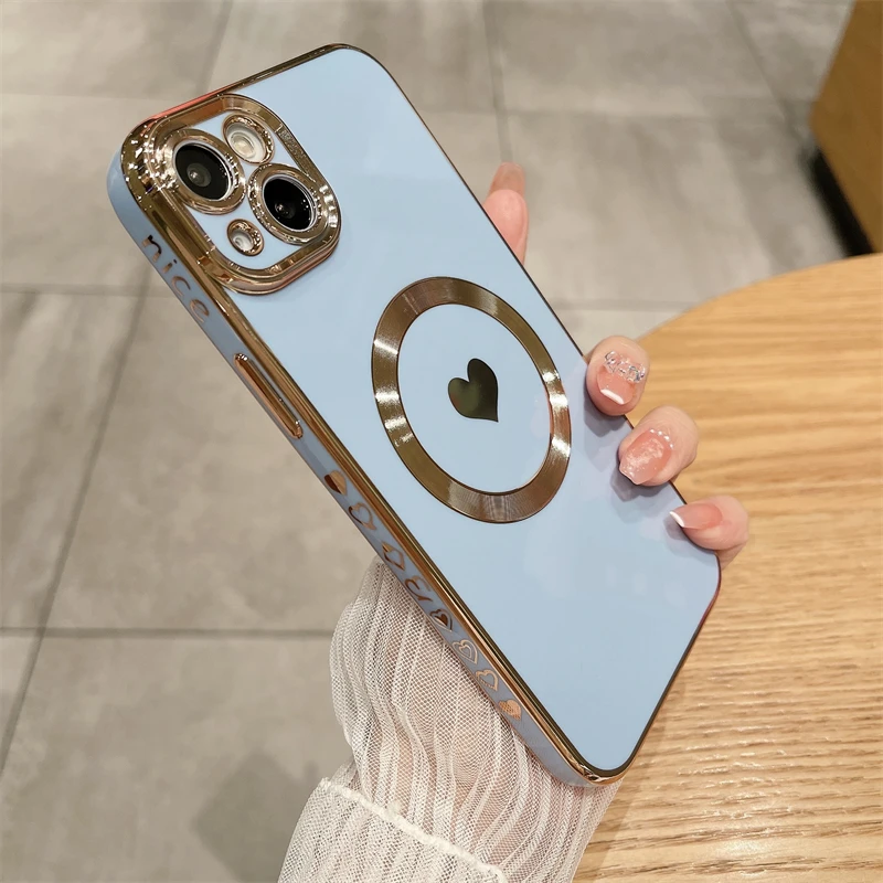 Luxury Magsafe Magnetic Plating Love Heart Phone Case For iPhone 11 12 13 14 15 Pro Max X XR XS 8 Plus Wireless Charging Cover