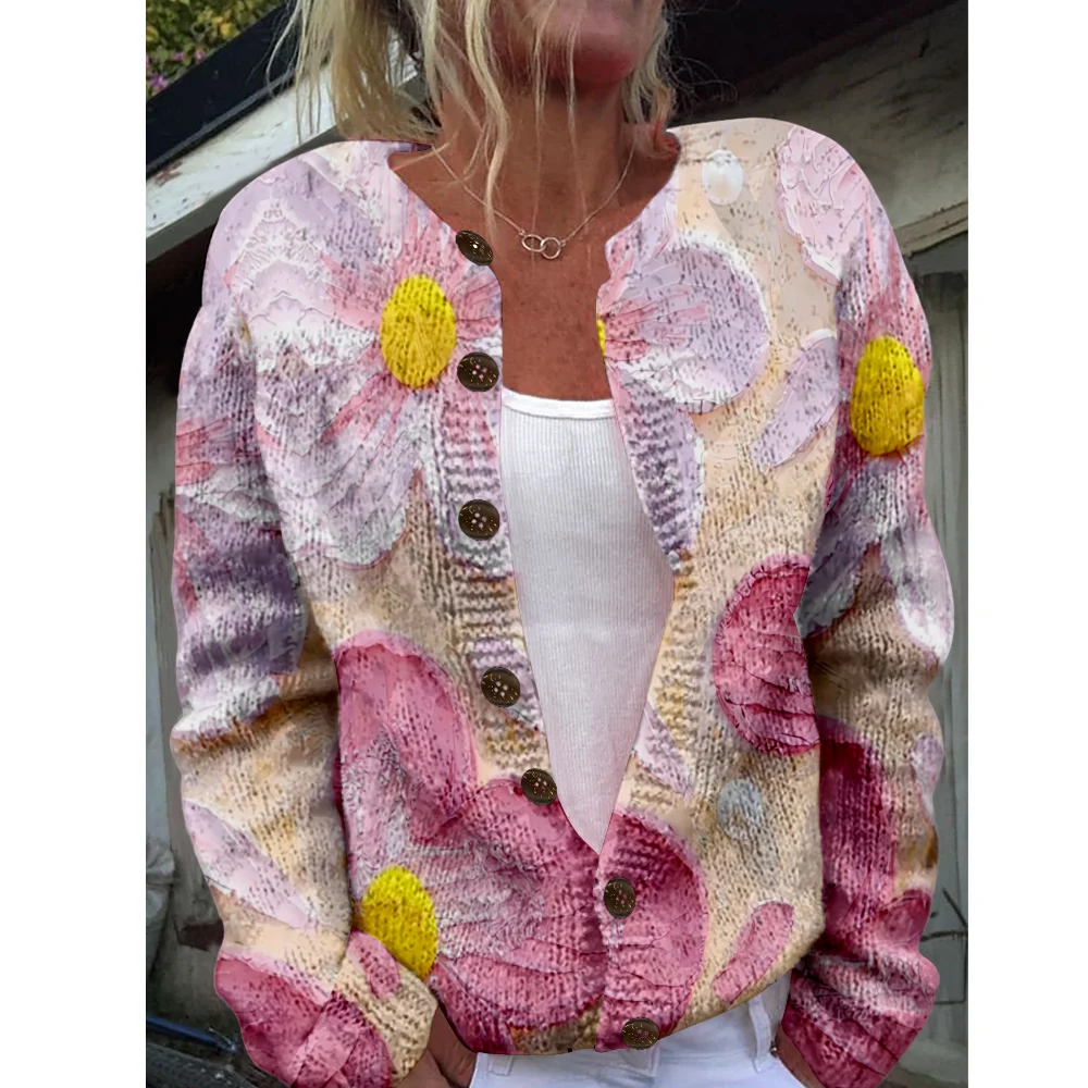 

Осень-зима вязаный кардиган с цветочным принтом винтажная мода повседневный свитер уличная одежда женские свитера вязаный топ уютные джемперы модные