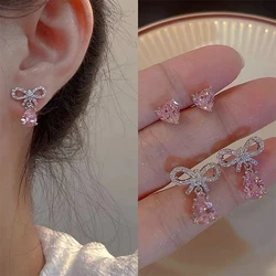 Exquisite Pink Zircon Bow Stud Earrings Romantic Heart Crystal Earrings For Women Wedding Party Valentine's Day Jewelry Gifts