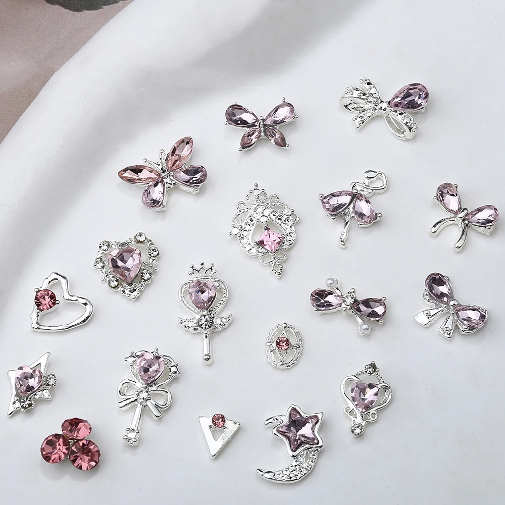 10Pcs Pink Alloy Collection Nail Art Charm 3D Shiny Diamond Crystal Gem Sliver Metal Nail Ornament DIY Exquisite Nail Decoration