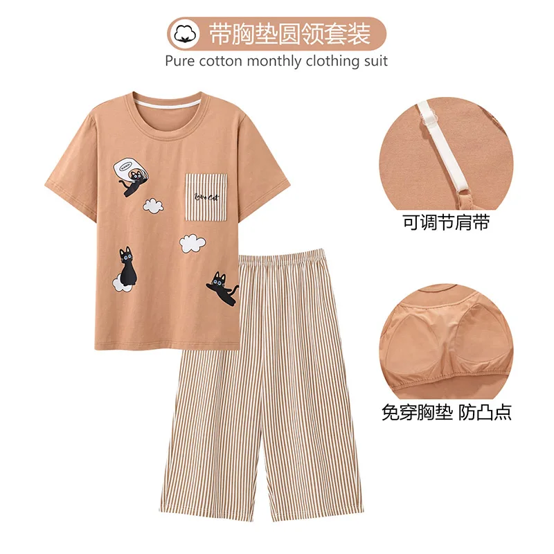 Big Size M-4XL Women Pajamas Set Summer 100% Cotton Pyjamas Female Short Sleeve Calf-Length Pants Sleepwear With Chest Pad