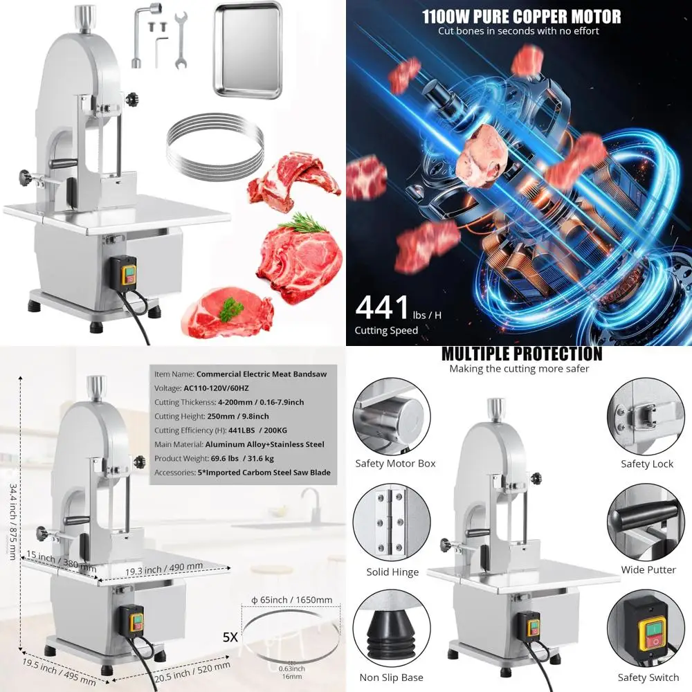 Máquina elétrica de corte de carne e ossos, serra poderosa de 1100 W, lâmina de 19,3 x 15 polegadas, espessura de 0,16 a 7,9 polegadas, inclui 5 lâminas, identificação