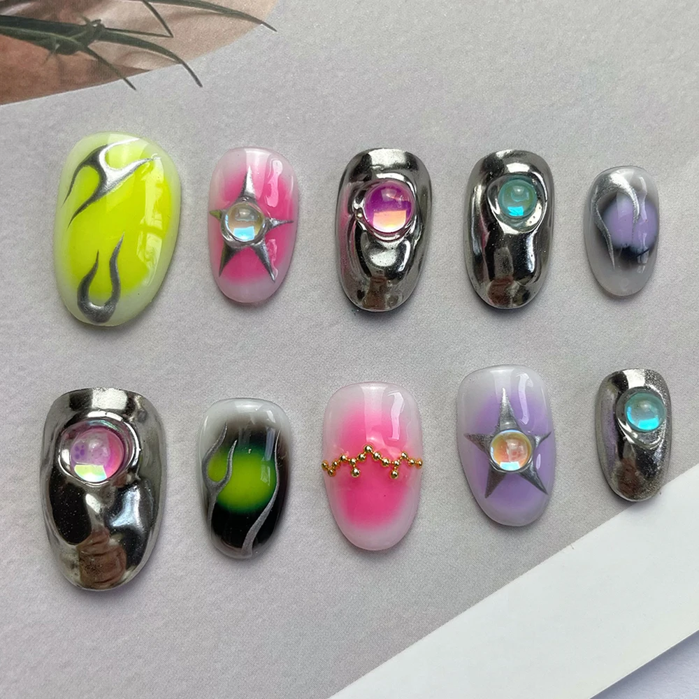 

Y2K Short Ellipse Handmade Press On Nails Colorful Hand Drawn Pattern Rhinestone Artifical Acrylic Nail Tip Ring Manicure Suit