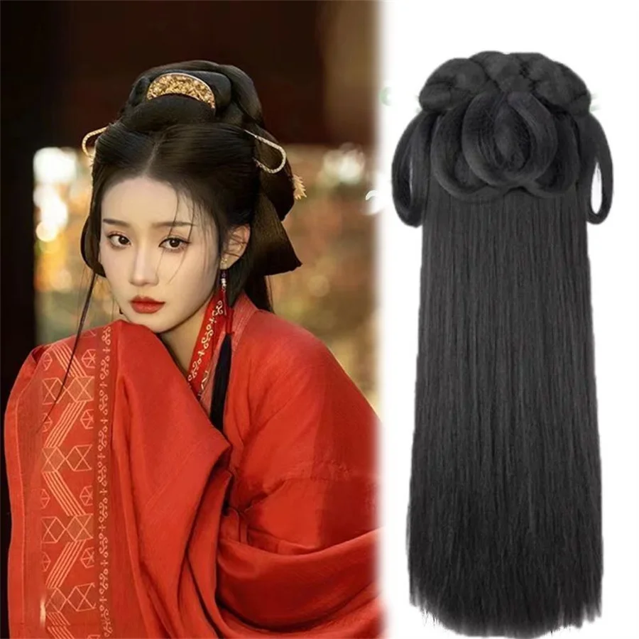 Women Synthetic Hanfu Headband Hair Extension Chinese Style Cosplay Antique Hairpiece Hair Accessories Headdress Black