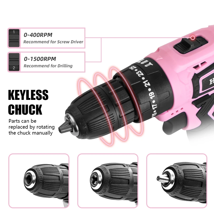 HILDA 21V Pink Drill Electric Drill Electric Screwdriver  Cordless Drill Mini Wireless Power Tools Lithium-Ion Battery