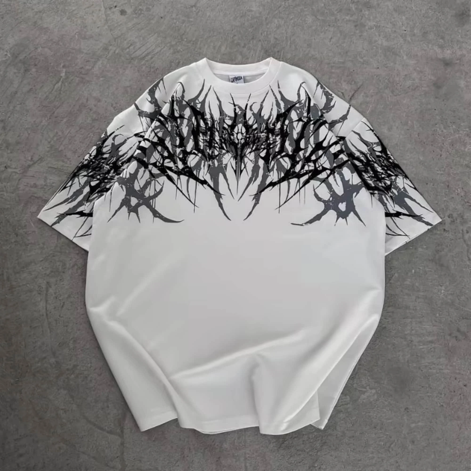 Schwarzes Gothic-T-Shirt mit Dornen-Print für Herren, Oversized, Distressed Darkwave Punk Kurzarm-Shirt, Lässige Streetwear – Detail 3