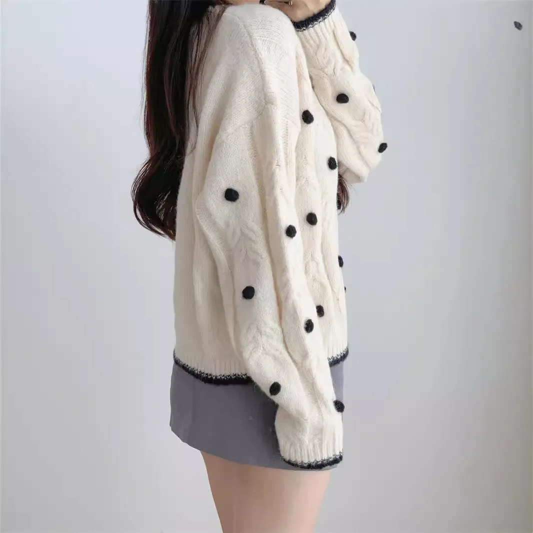 Women\'s  Twist Polka Dot Loose Sweater 2024Autumn Winter Korean Fashion Casual Pullover Women Clothes