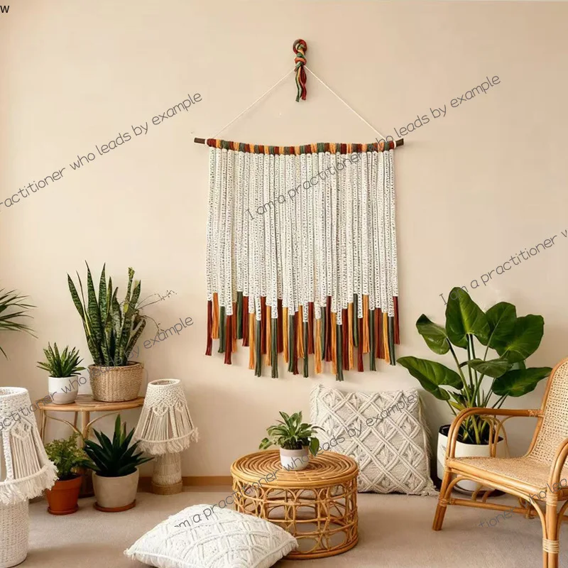 Nordic colorful tassel tapestry hand-woven with natural branches on the background wall decoration
