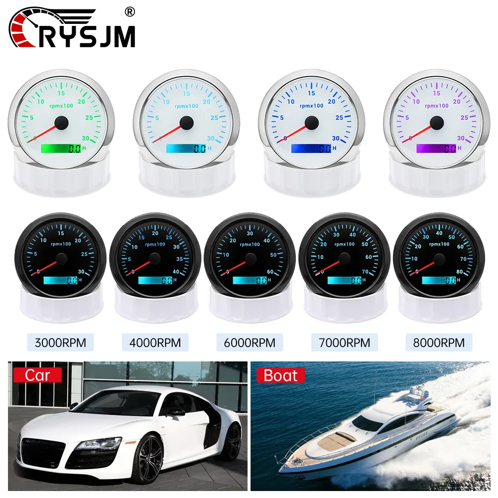 85mm Tachometer 3000RPM-8000RPM Tach Gauge 7 Colors Backlight Meter Car Accessories For 12V24V Universal Marine Boat Vehicle