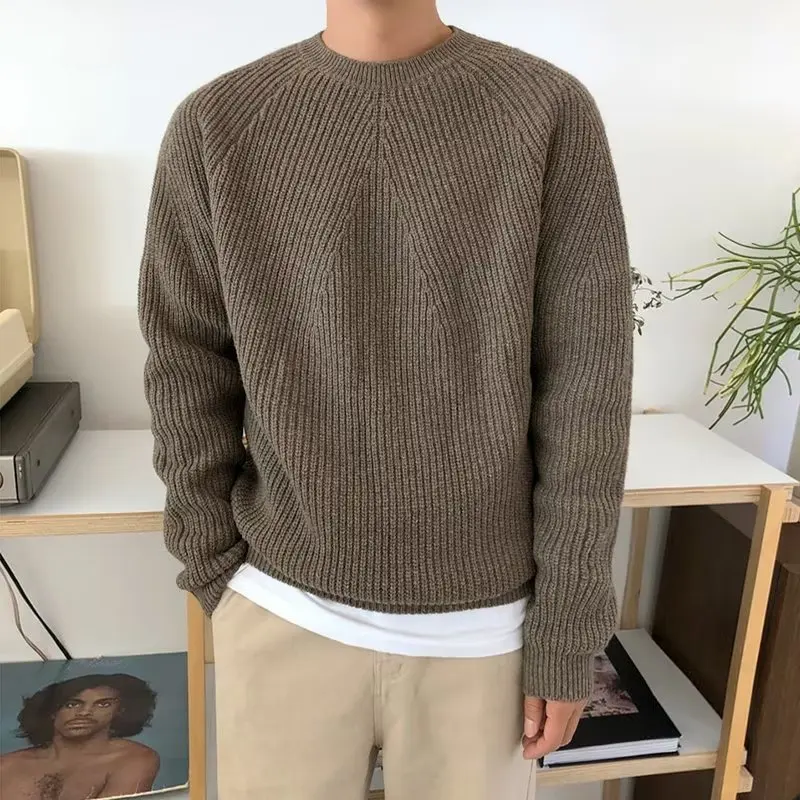 Autumn and winter new solid color sweater men's couple versatile crew neck pullover loose knitted sweater jacket
