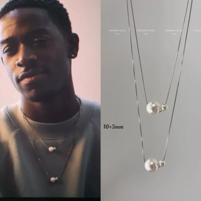 Minimalist geometric pendant necklace crafted from 925 sterling silver featuring simulated white pearls, adjustable pull-through