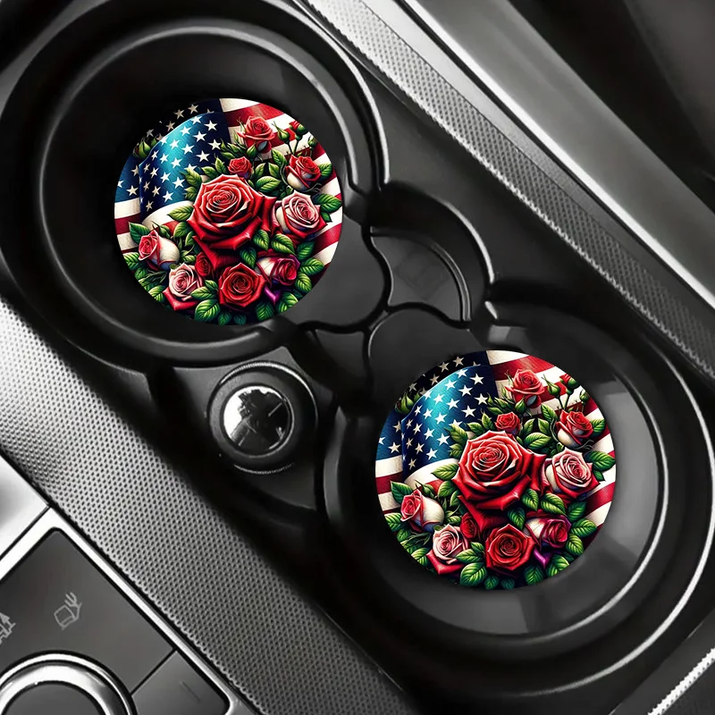 2pcs/set Vintage American Flag & Flowers Car Coaster, 2.75