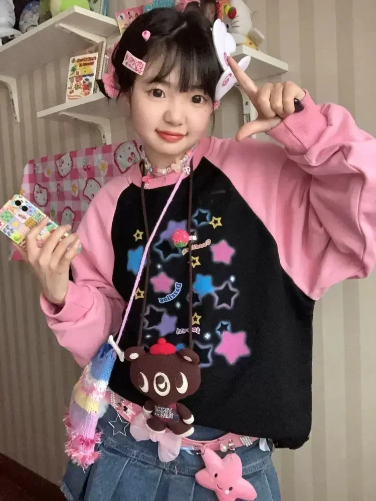 ADAgirl Frauen Stern Grafik Hoodies Y2K Ästhetische Raglanärmel Sweatshirt E-mädchen Übergroßen Harajuku Tops Cutecore Kawaii Kleidung