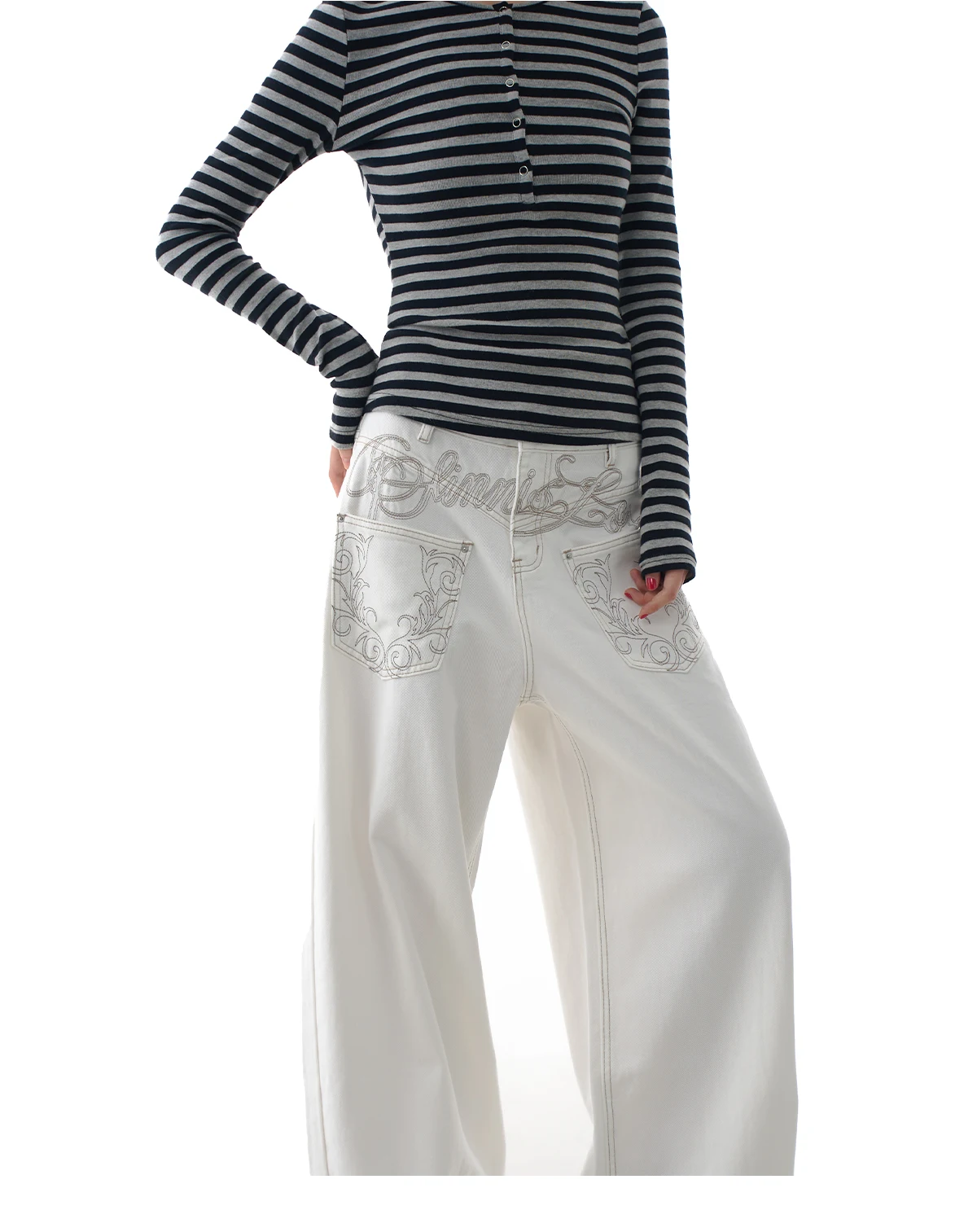 ZHISILAO جديد التطريز الأبيض واسعة الساق مستقيم الجينز النساء خمر عادية فضفاض فضفاض كامل طول الدينيم السراويل الشارع الشهير 2025