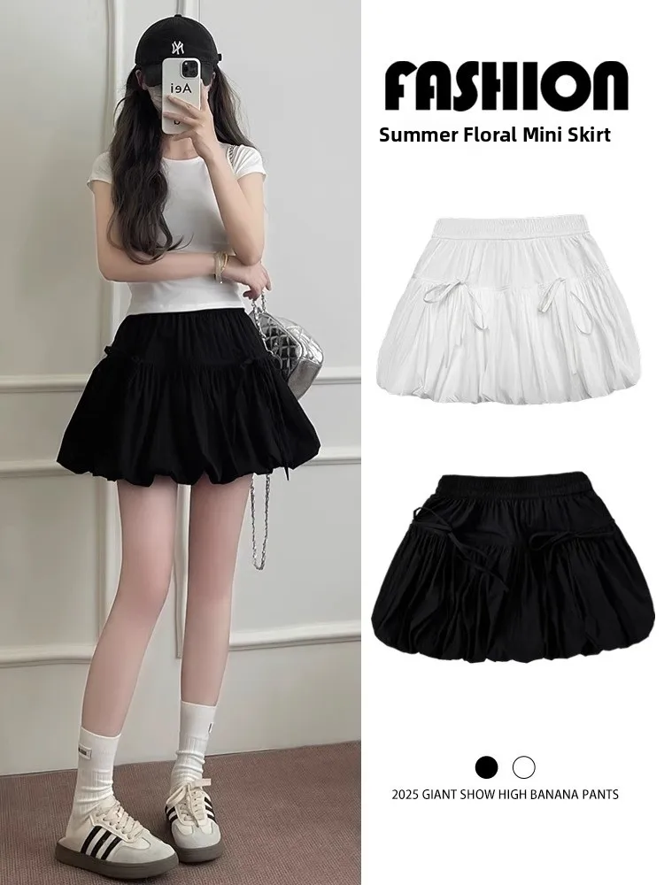 Black A-Line Flower Bud Skirt Women's Spring 2026 New Design Sense Knot Short Skirt Slimming Half-length Skirt