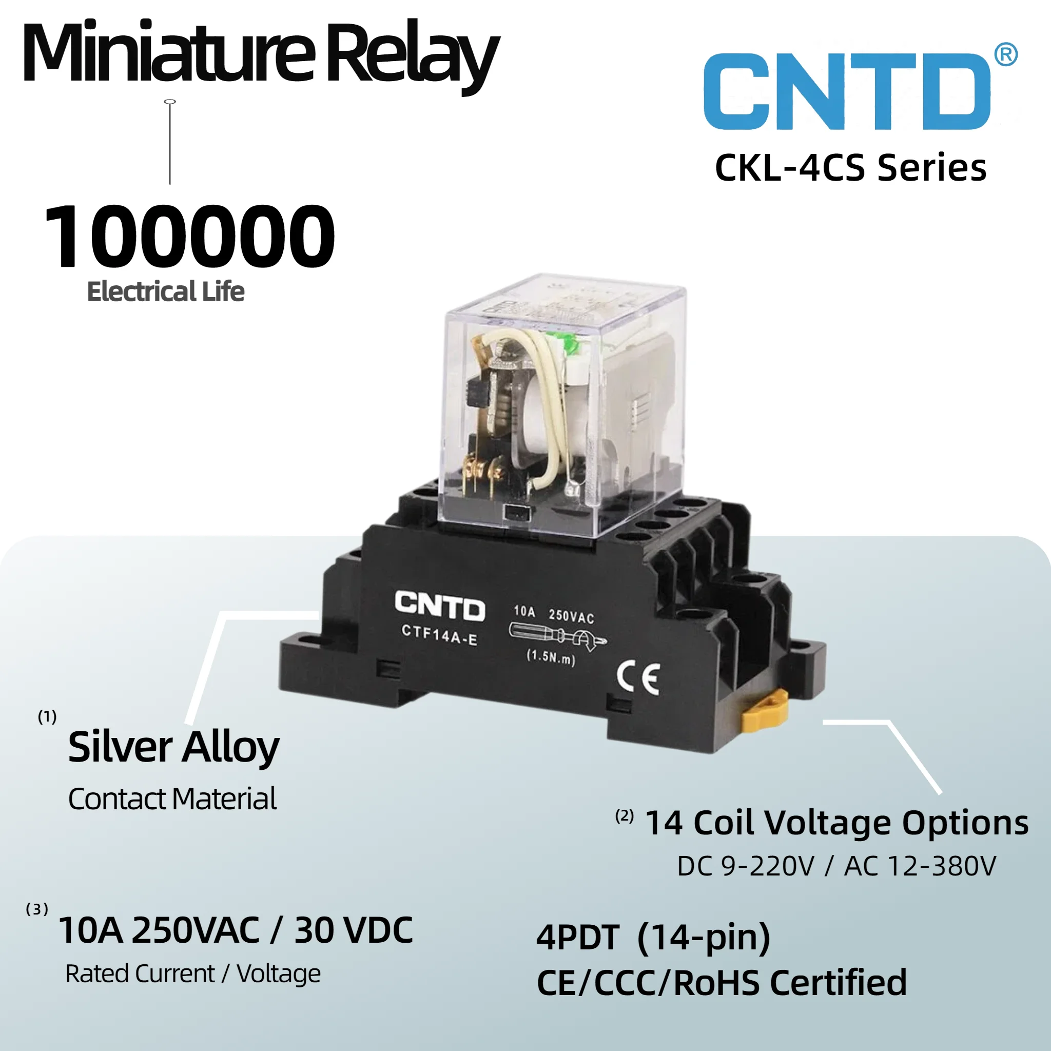 2Pcs CNTD CKL-4CS Miniature Relay 14-Pin Octal 4PDT 10A 250VAC 30VDC Plug-in Silver Alloy 14 Coil Voltages DC/AC CCC CE RoHS