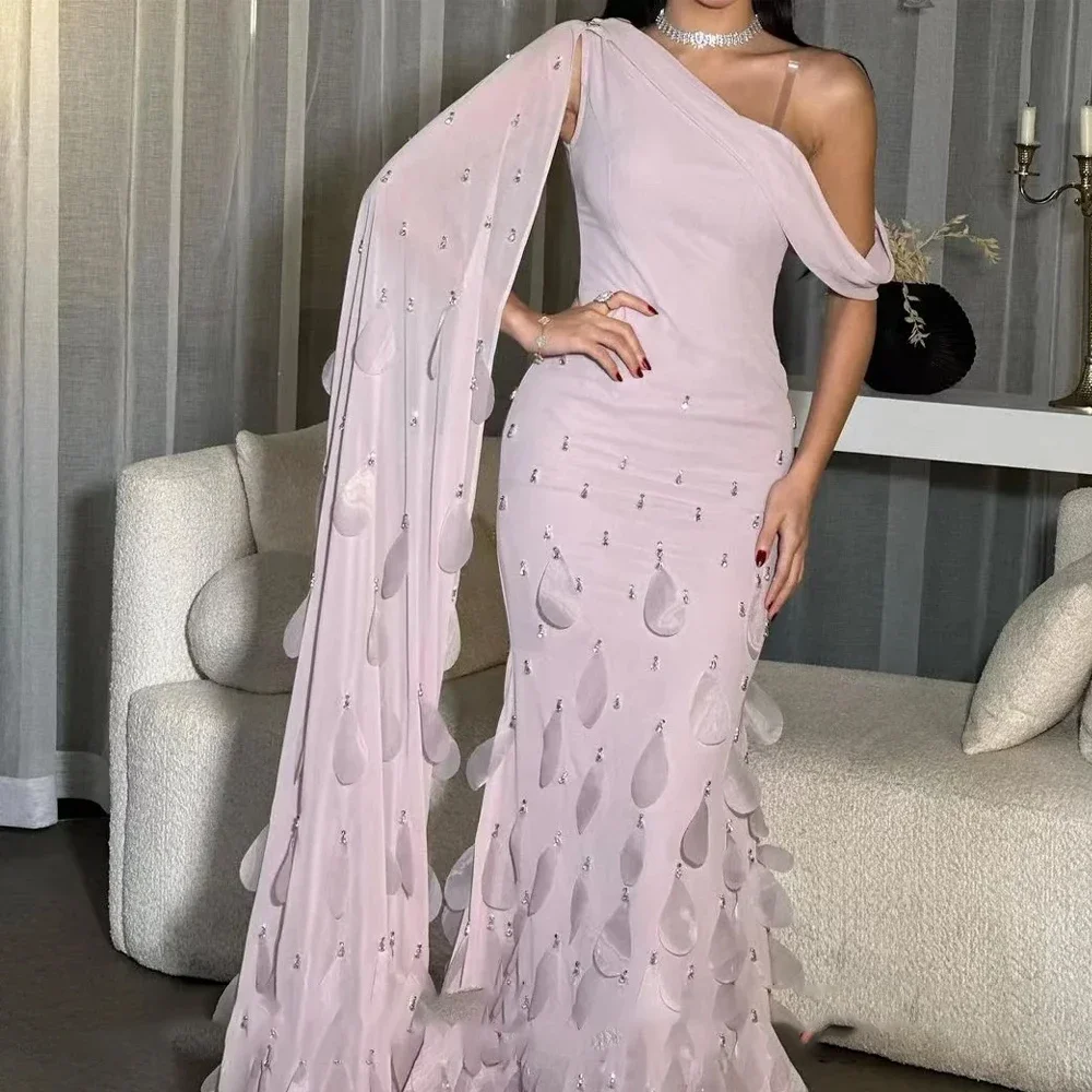 Customized Pink Chiffon Evening Dresses One Shoulder Beaded Leaves Formal Elegant Party Gown For Women 2024 Vestidos Para Mujer