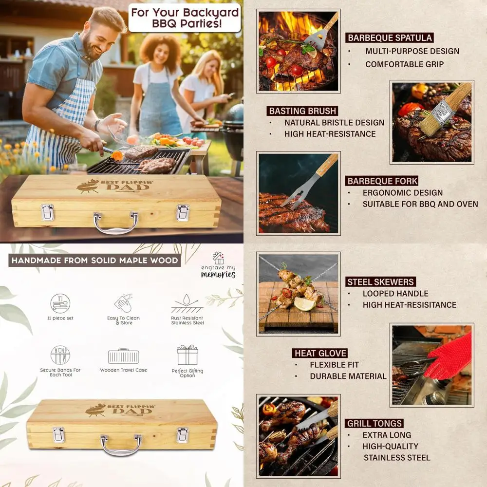 

Maple Wood BBQ Set: 11-Piece Stainless Steel Grill Tools with Engraved Box - Perfect Dad's Gift