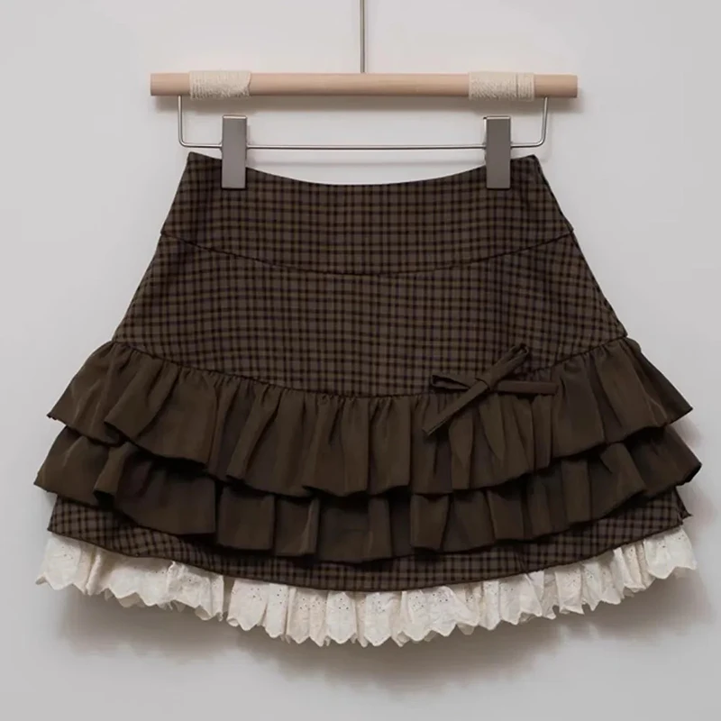 Japanese Sweet Lolita Mini Skirts Women Y2K Kawaii Lace Patchwork Bow Cake Skirt Femme High Waist Preppy All Match A Line Skirts