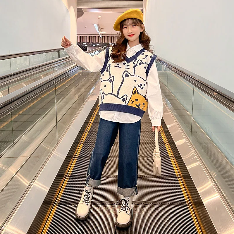 

Весенне-осенние детские комплекты из 3 предметов для девочек-подростков, рубашки с длинными рукавами + жилет с v-образным вырезом + прямые джинсы, комплект для девочек 4-12 лет