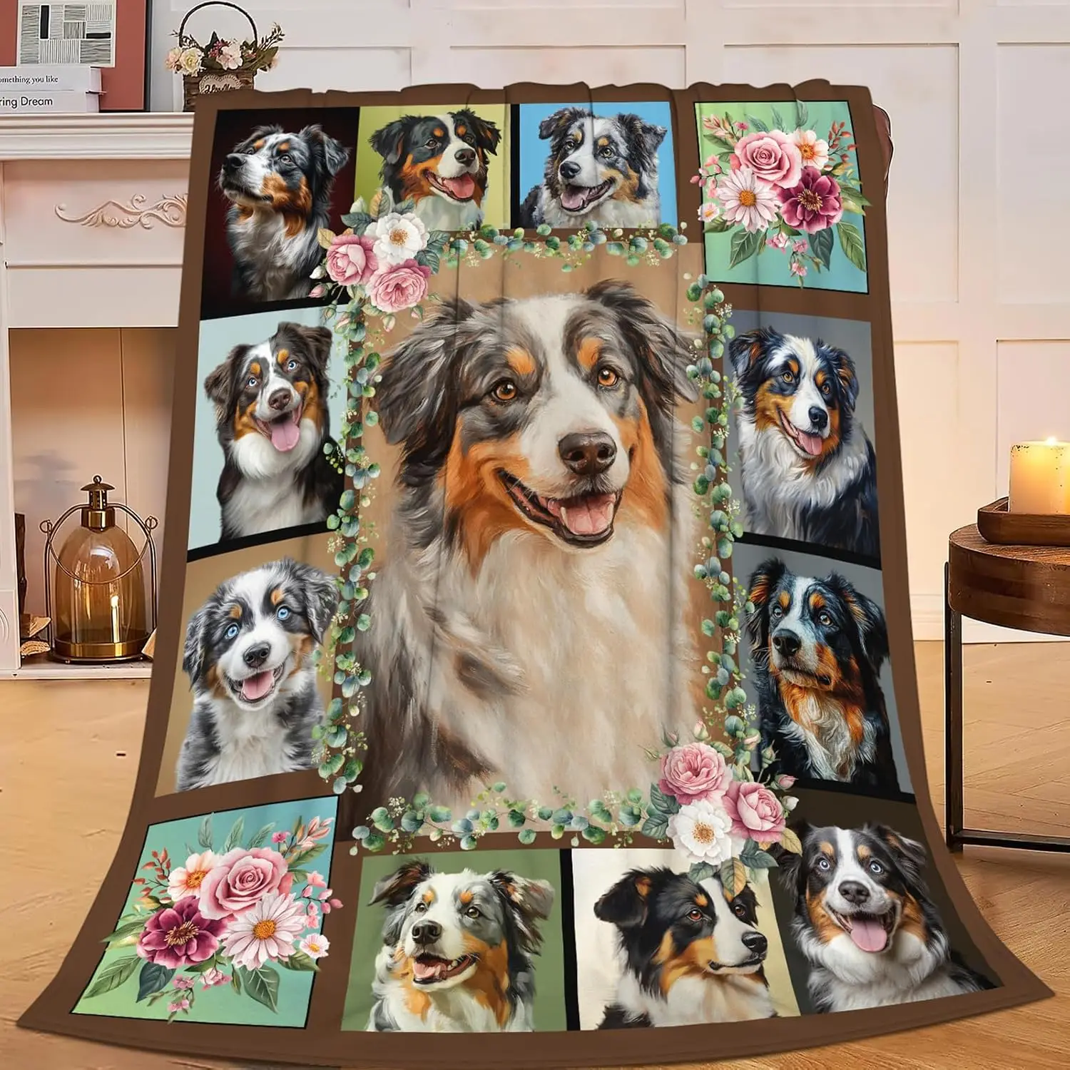 Large Dog Portrait Blanket Throw 150x200cm Pet Lover Gift Floral Collage Dog Family Keepsake Cozy Fleece