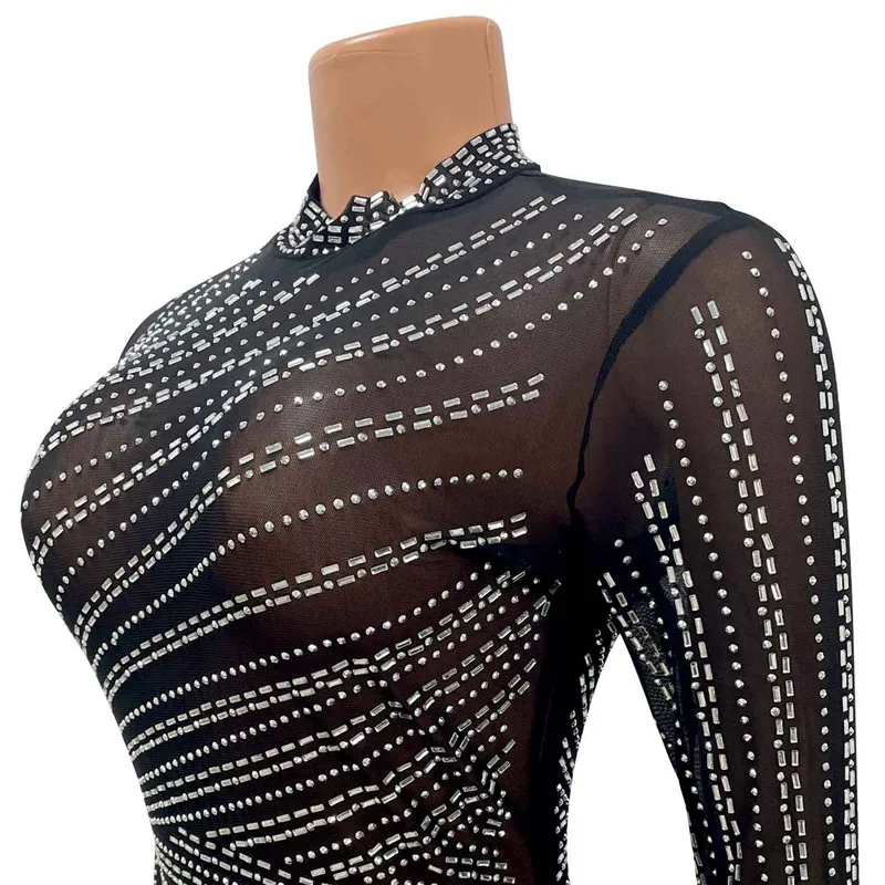 فستان حفلات مثير بحجر الراين الكريستالي اللامع للنساء فستان ماكسي ضيق بفتحة عالية للنوادي الليلية وأعياد الميلاد شبكي شفاف غير منتظم #6