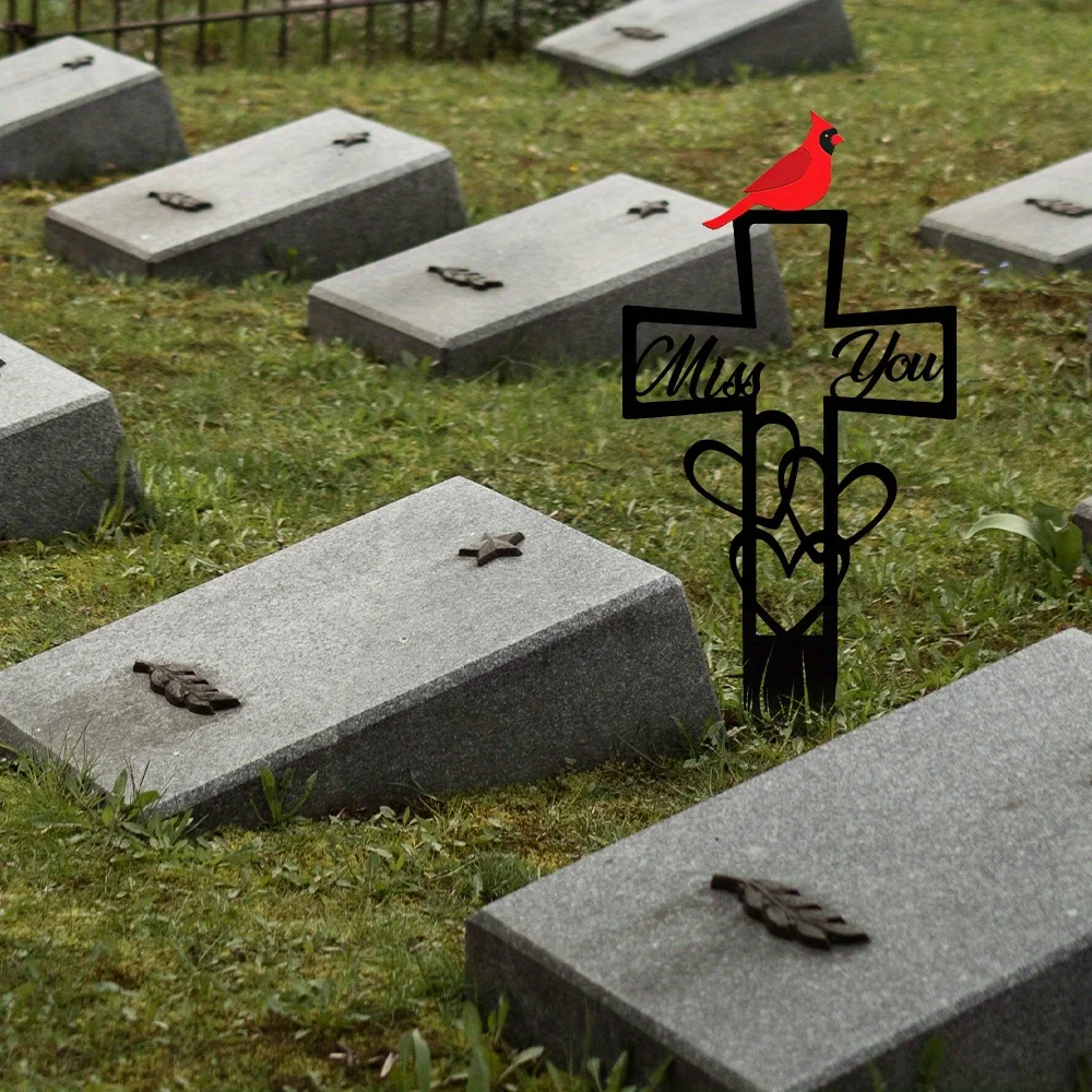 CIFBUY 2D Iron Memorial Cross Garden Stake, Red Cardinal Bird Grave Decoration, Sympathy Remembrance Metal Ornament
