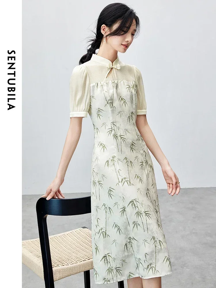 ชุดเดรสผู้หญิงสไตล์จีน SENTUBILA รุ่นปี 2025 สำหรับฤดูร้อน ดีไซน์หรูหรา คอตั้งเล็ก ลายพิมพ์ไม้ไผ่ เหมาะสำหรับงานปาร์ตี้ งานกลางคืน ชุดเดรสสุดสง่างาม รุ่น 142L54578