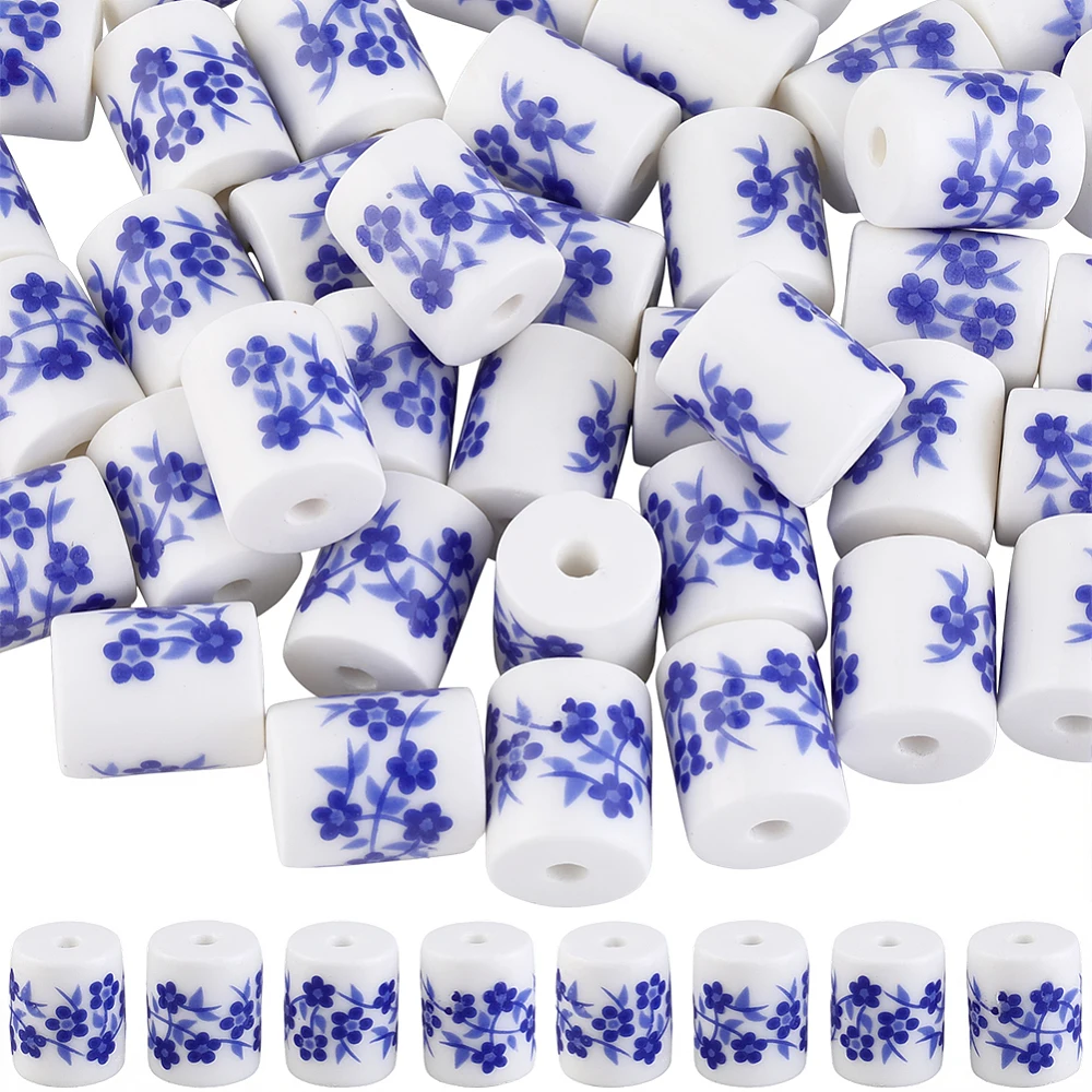 60Pcs 8mm Porcelain Beads Blue Flower Ceramic Beads Bulk Smooth Printed White Column Porcelain Chinese Floral Loose Spacers
