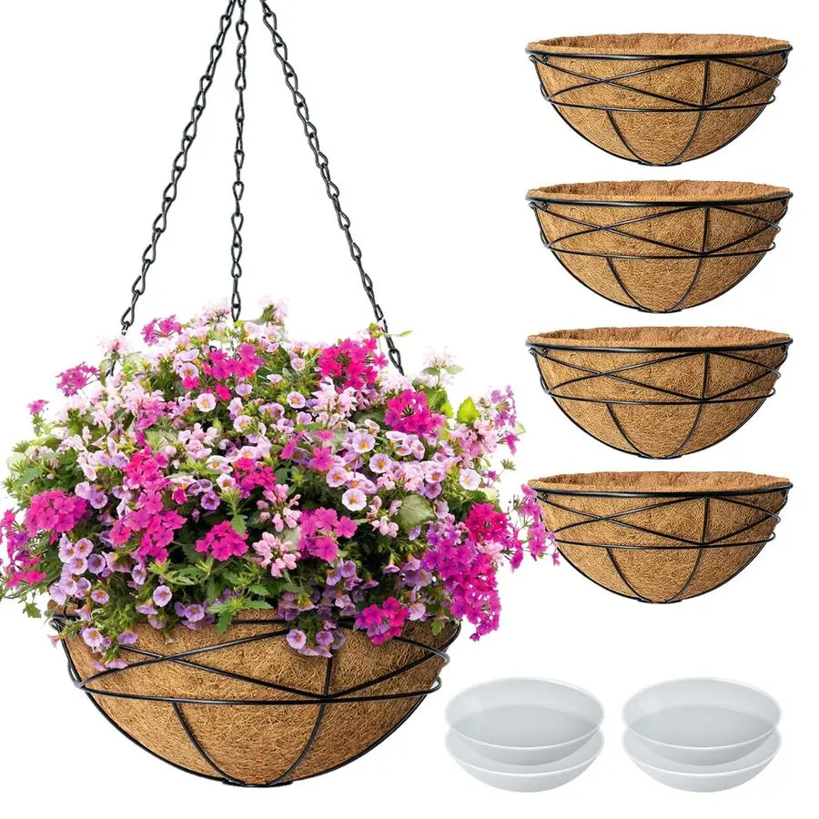 

4 Pack 14 Inch Hanging Flower Baskets for Outdoor Plants Large Metal Wire Planters with Coco Liner Pot for Home Planting Black W