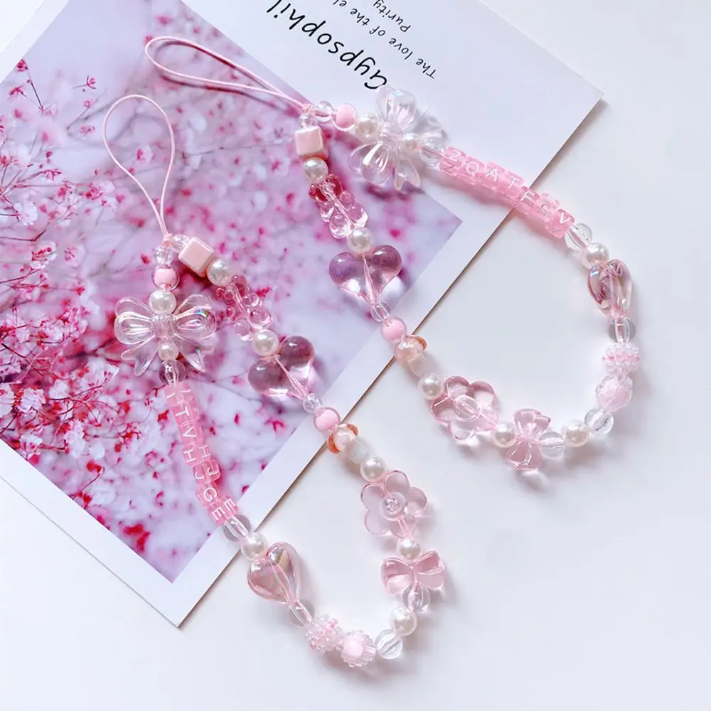 Phone Lanyard Pendant Phone Hanging Rope Pink Acrylic Beaded Phone Charm Mobile Phone Straps Hand Strap Wrist Hand Lanyard