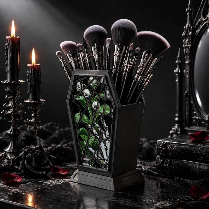Gothic Coffin Shape Pen Holder Skeleton Hand & Green Floral Print Desktop Makeup Brush Storage Organizer Halloween Vanity Table