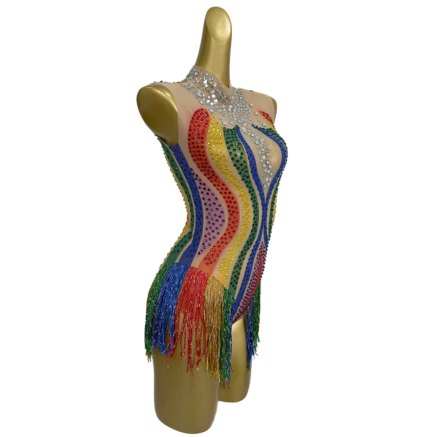 Sparkly Fancy Rhinestones Skinny Performance Bodysuit Hot Dance Costume Fringes Nightclub Party Dancer Stage Sheer Mesh Bodysuit