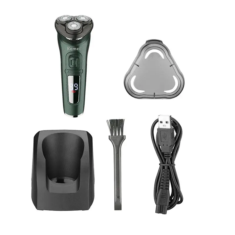 

Kemei Km-2805 Washed Long Life Stainless Steel Blade Three Head Lcd Digital Display With Charging Base Electric Shaver