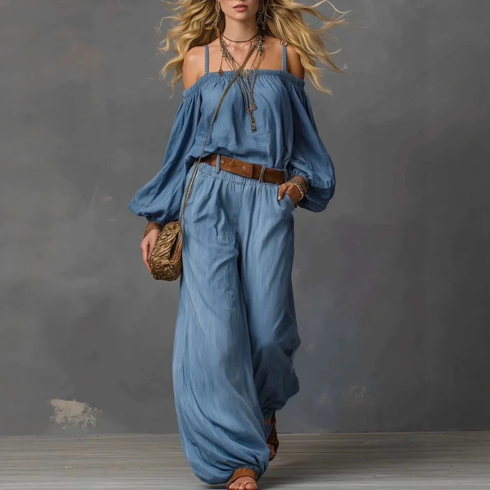 Women Bohemian Washed Blue Off Shoulder 2 Piece Set 2026 Puff Sleeve Top Jogger Wide Leg Pants Resort Vacation Holiday Chic New