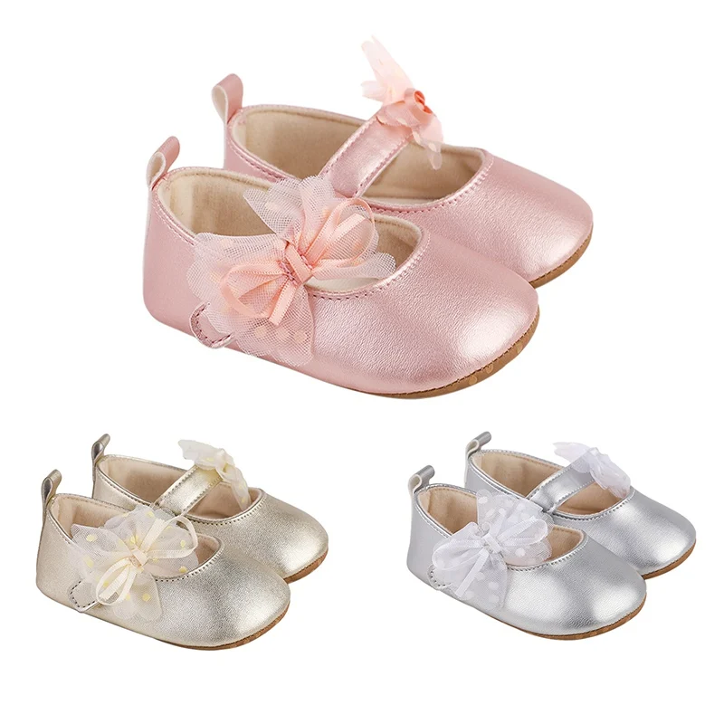 0-18M neonate scarpe da principessa per neonate superficie lucida stampa a pois Mesh Bowknot Flats pantofole da sposa antiscivolo adorabili scarpe da bambino