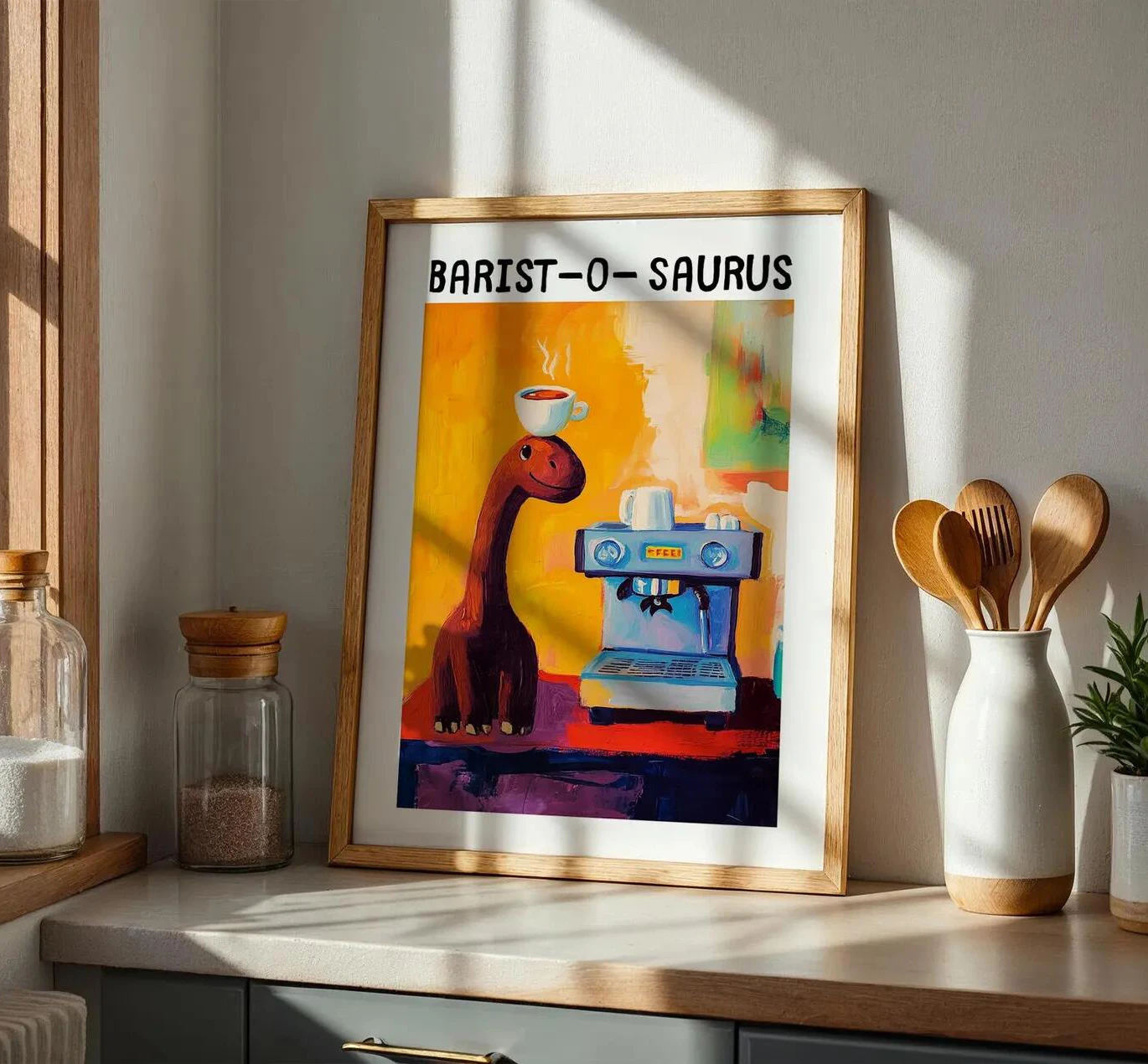 Cute Coffee Dinosaur Lovers Canvas Print Poster Dopamine Dinosaur Decorative Mural Modern Home Room Kitchen Decor Gift Unframed