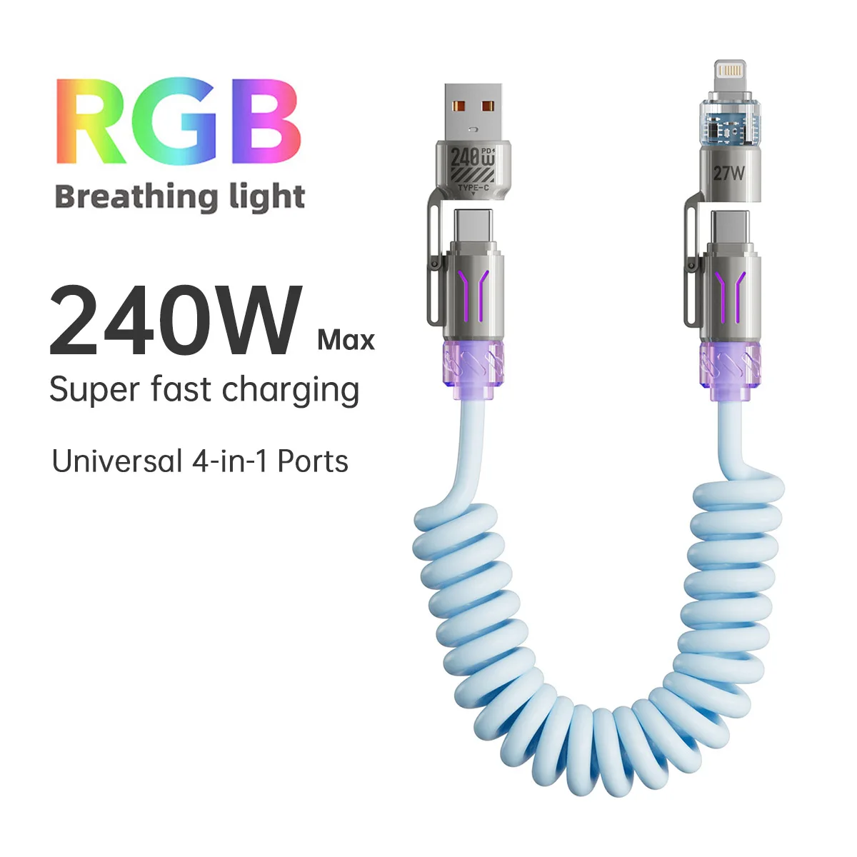 240W 4 in 1 RGB Spring USB C to C Cable PD Fast Charger Line 1.8M for iPhone 16 Pro Max 15 iPad Xiaomi Samsung Tablet